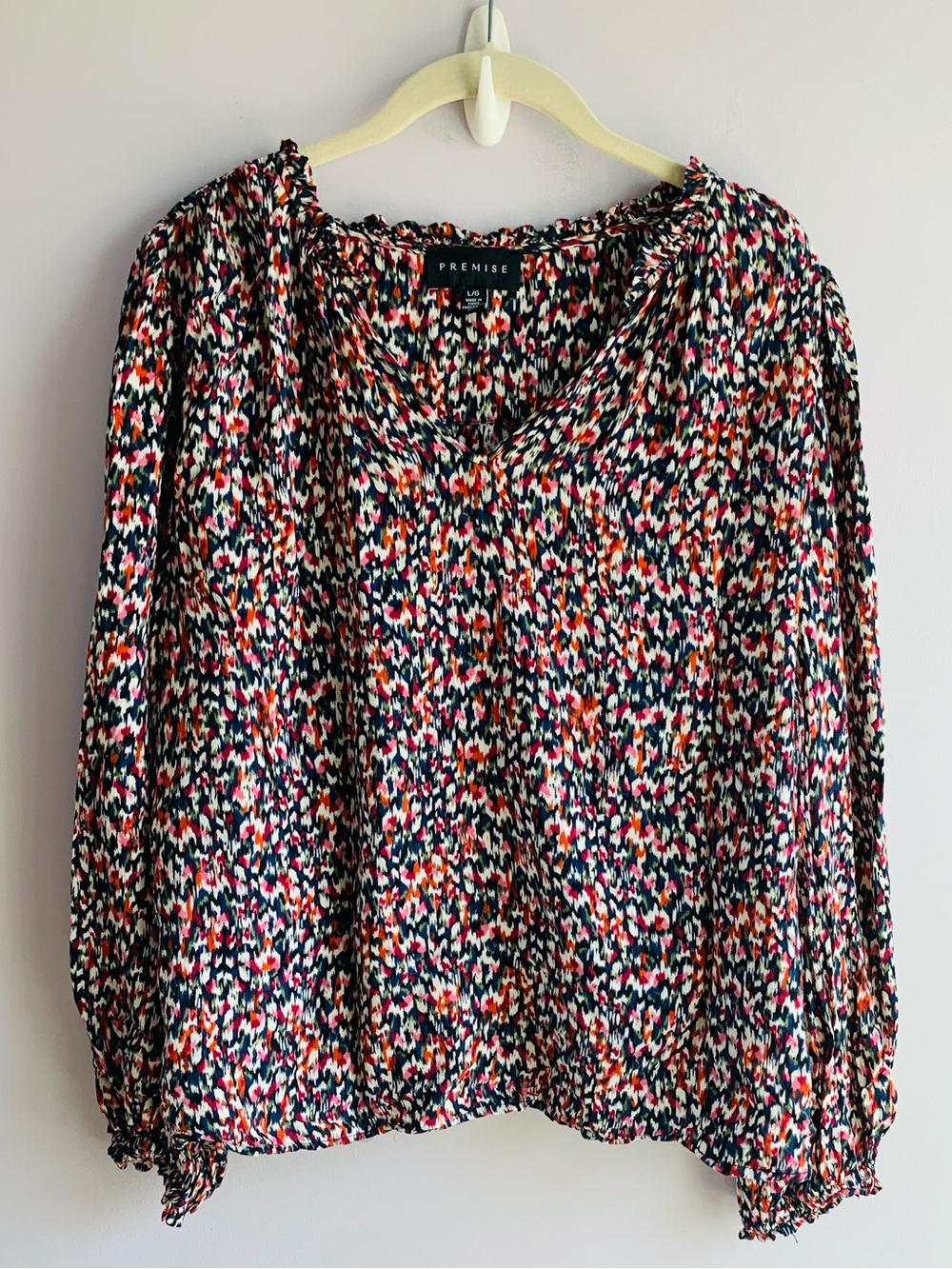 Colorful Blouse Top Premise Long Sleeve Flowy Office Business Casual Fall EUC L